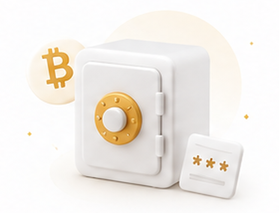 White safe with a gold lock and a Bitcoin recovery card.